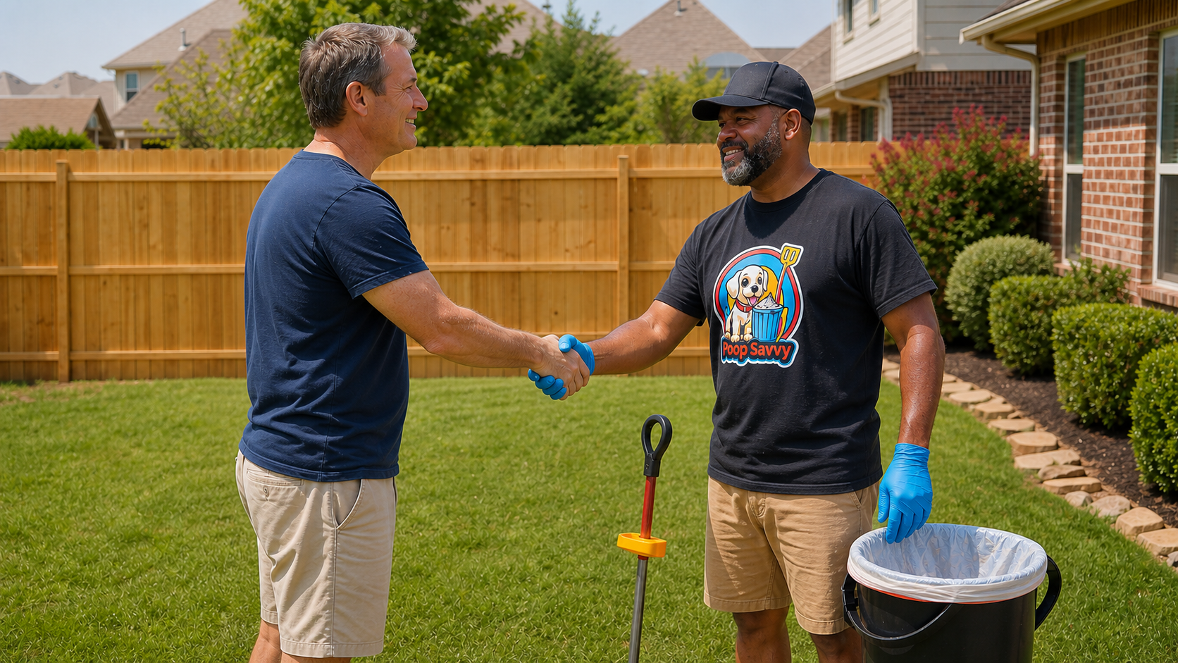 Poop Savvy owner shaking hands with a DeSoto homeowner after cleaning the yard