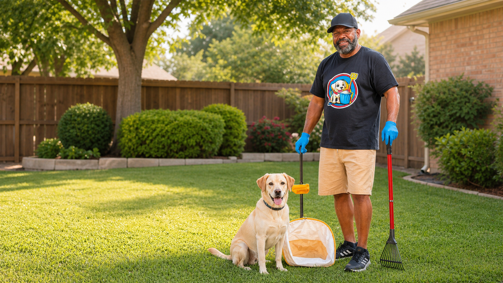 Poop Savvy owner/operator in a clean DeSoto backyard with a dog