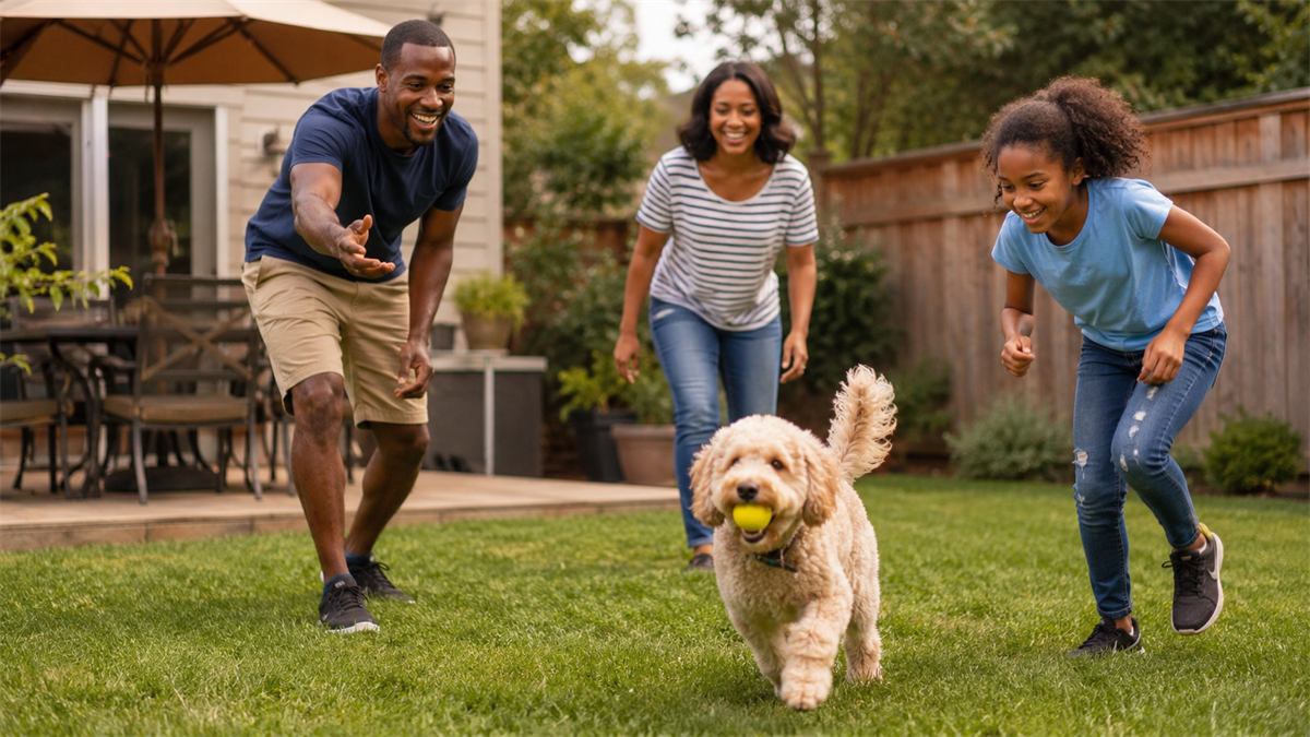 Family enjoying a clean backyard with their dog