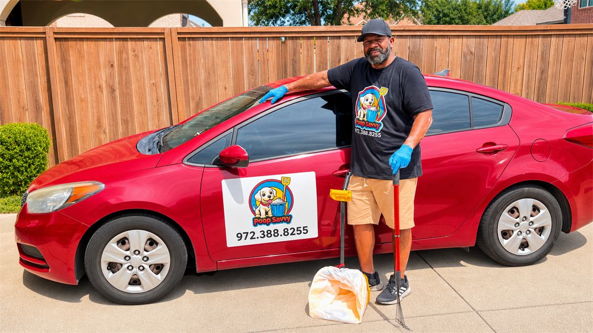 Poop Savvy owner standing beside a branded red service car